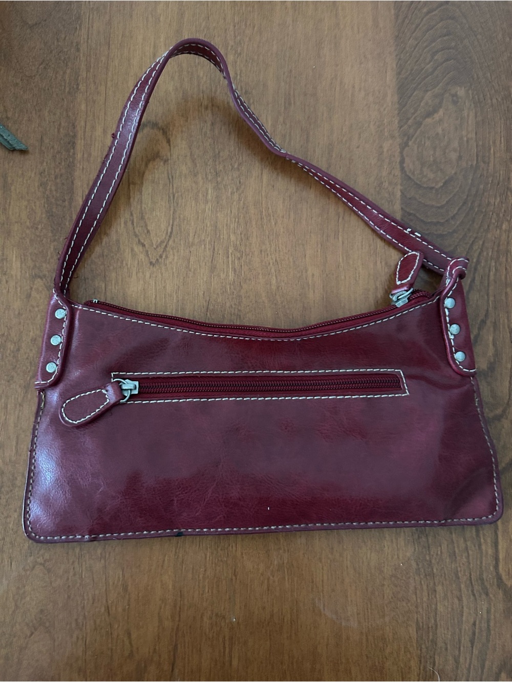 Women's Burgundy Leather Small Clutch with Strap- Classic Zip Detail